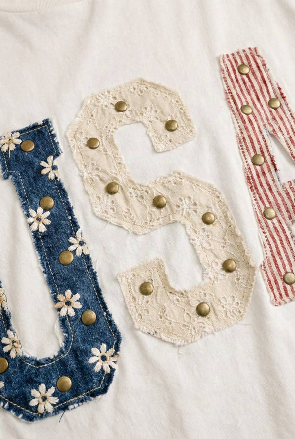 The Sweet Land of Liberty Tee: White – USA Patchwork Graphic T-Shirt