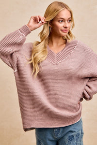 Liora Textured V-Neck Sweater: Frosted Lilac – Relaxed Fit Two-Tone Knit Top