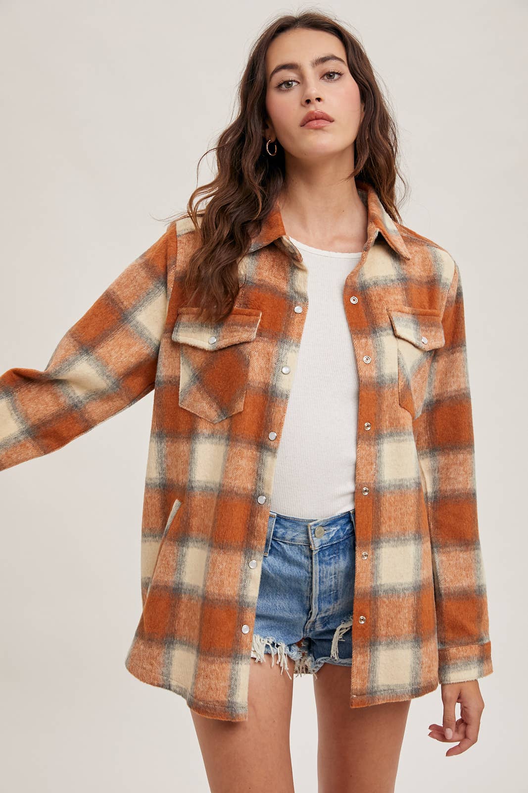 Dakota Plaid Flannel Shacket with Pockets – Brown Cream & Rust Ivory