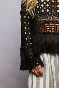 Long Sleeve Round Neck Women Crochet Top: NATURAL / OS