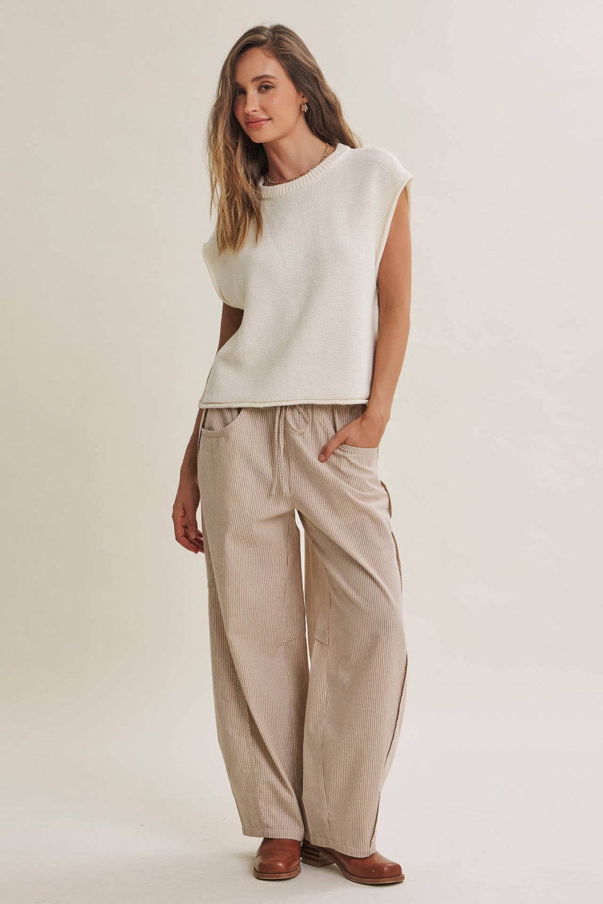 ALL ABOUT COMFORT ELASTIC STRIPE COTTON BARREL PANTS: DK. GREEN / M