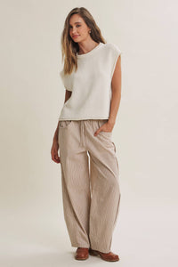 ALL ABOUT COMFORT ELASTIC STRIPE COTTON BARREL PANTS: DK. GREEN / M