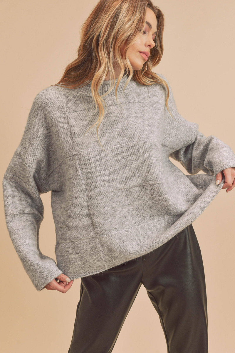 Ryleigh Patchwork Mock Neck Sweater: Heather Grey – Cozy Oversized Winter Knit