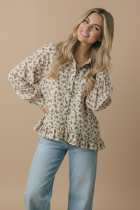 The Wren Floral Peplum Button-Up Blouse: Oatmeal