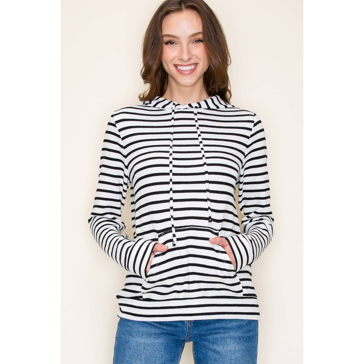 Everyday Essential Striped Long Sleeve Hoodie Top: Black/Ivory