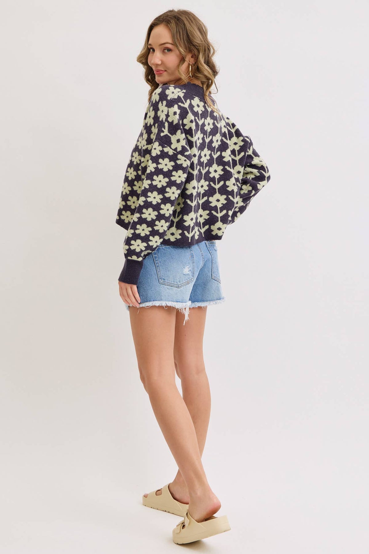 The Soleil Bold Floral Cardigan: Navy – Cropped V-Neck Boxy Sweater