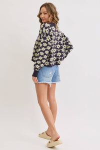The Soleil Bold Floral Cardigan: Navy – Cropped V-Neck Boxy Sweater