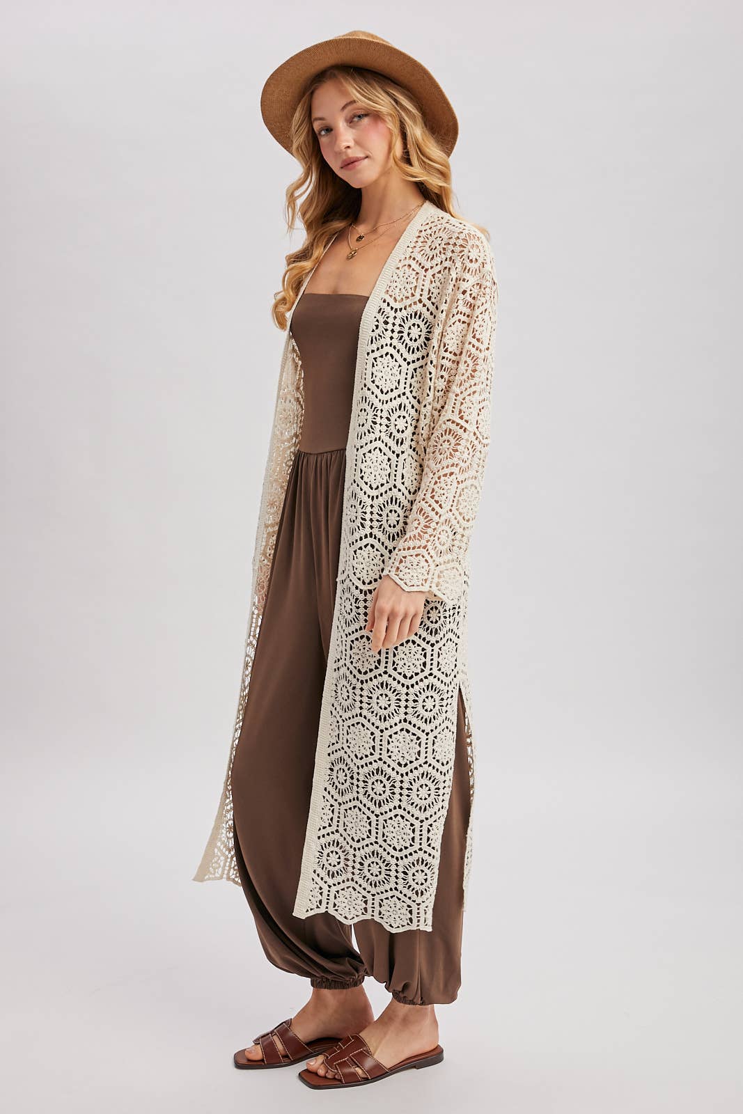 BOHO LONG LINE SIDE SLIT CROCHET CARDIGAN: NATURAL