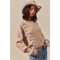 Harper Plaid Bow Detail Sweater: Taupe