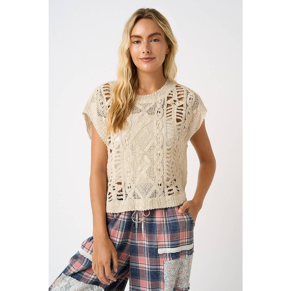 Open Skies Crochet Sweater Top: Natural