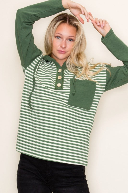 Brinley Striped Half-Button Hoodie – Color-Blocked Long Sleeve Top with Chest Pocket