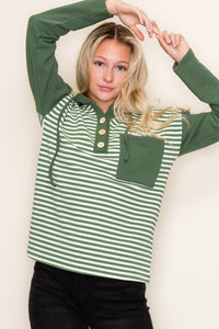 Brinley Striped Half-Button Hoodie – Color-Blocked Long Sleeve Top with Chest Pocket