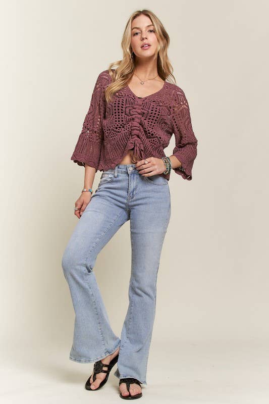 Wildflower Crochet Drawstring Sweater Top: Mulberry