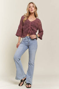 Wildflower Crochet Drawstring Sweater Top: Mulberry