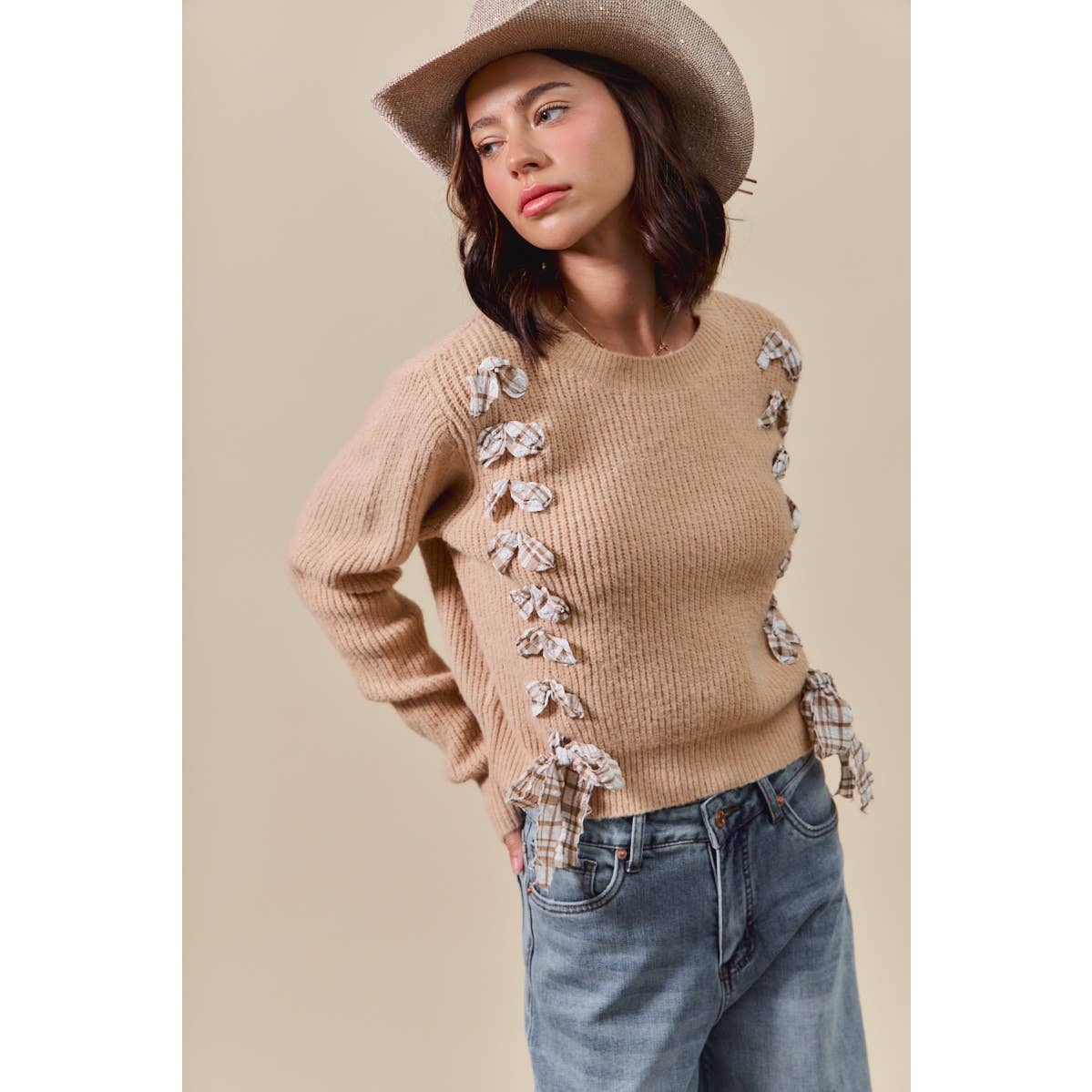Harper Plaid Bow Detail Sweater: Taupe