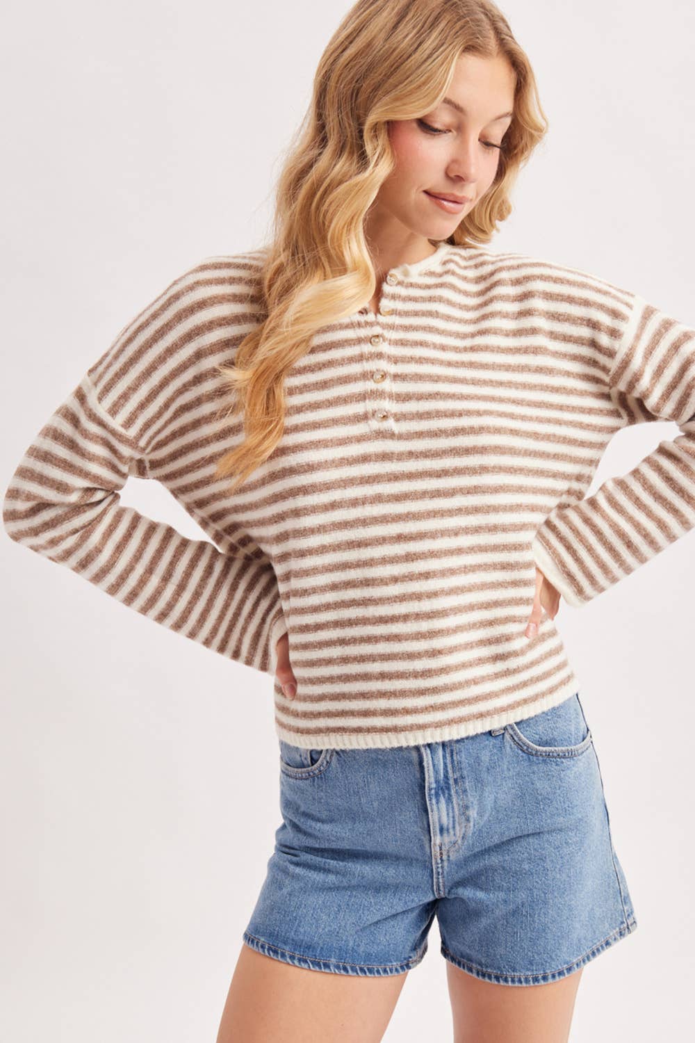 Mocha & Ivory Striped Henley Sweater