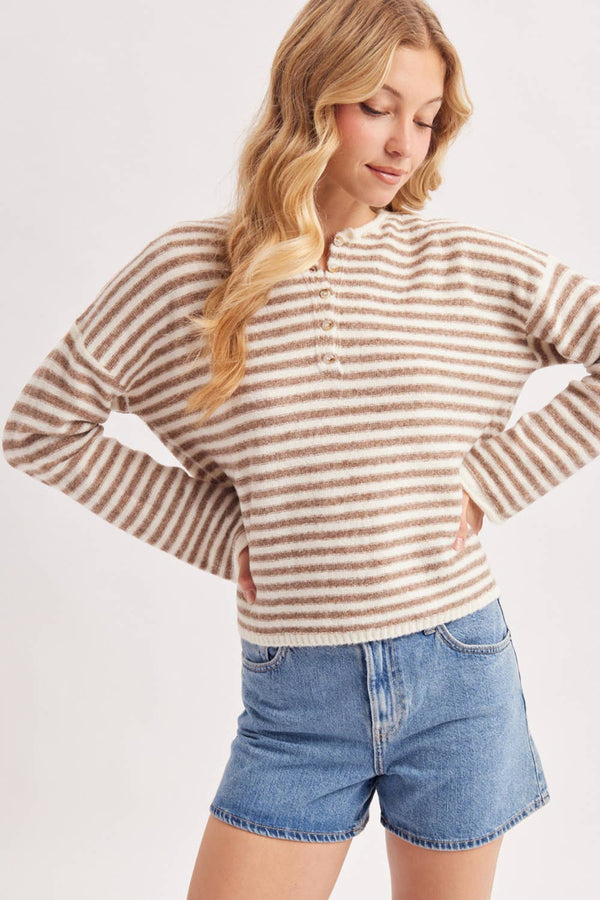 Mocha & Ivory Striped Henley Sweater