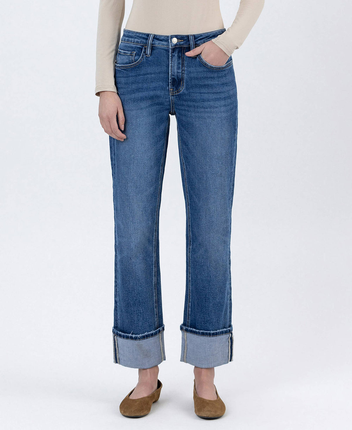 Lovervet "Hallie" Cuffed Straight Leg Jeans: Dark Wash