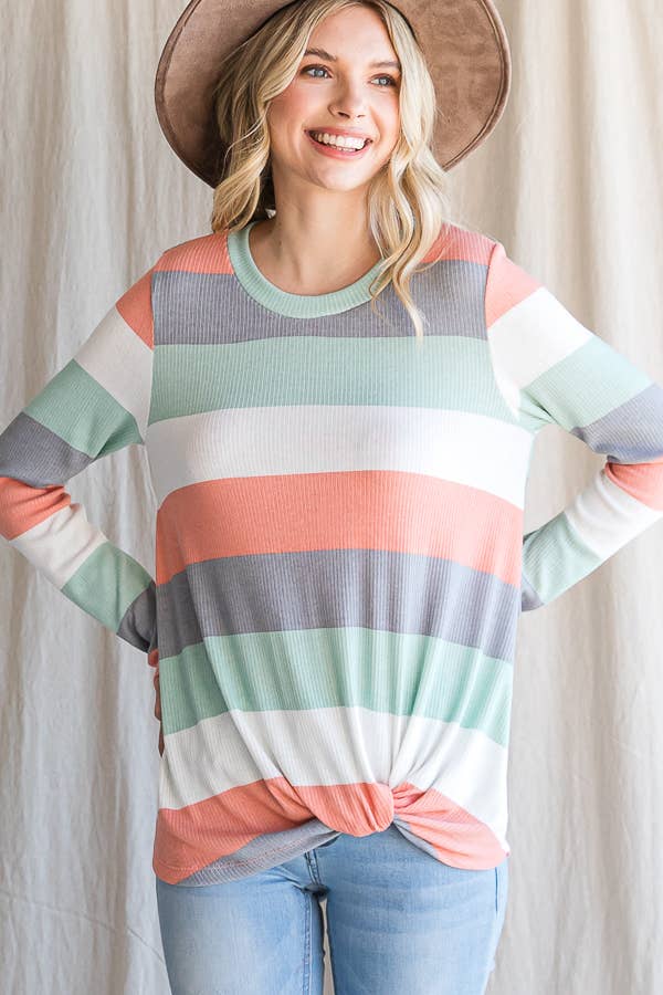 Polly Spring Stripe Ribbed Long Sleeve Casual Top: Coral/Multi