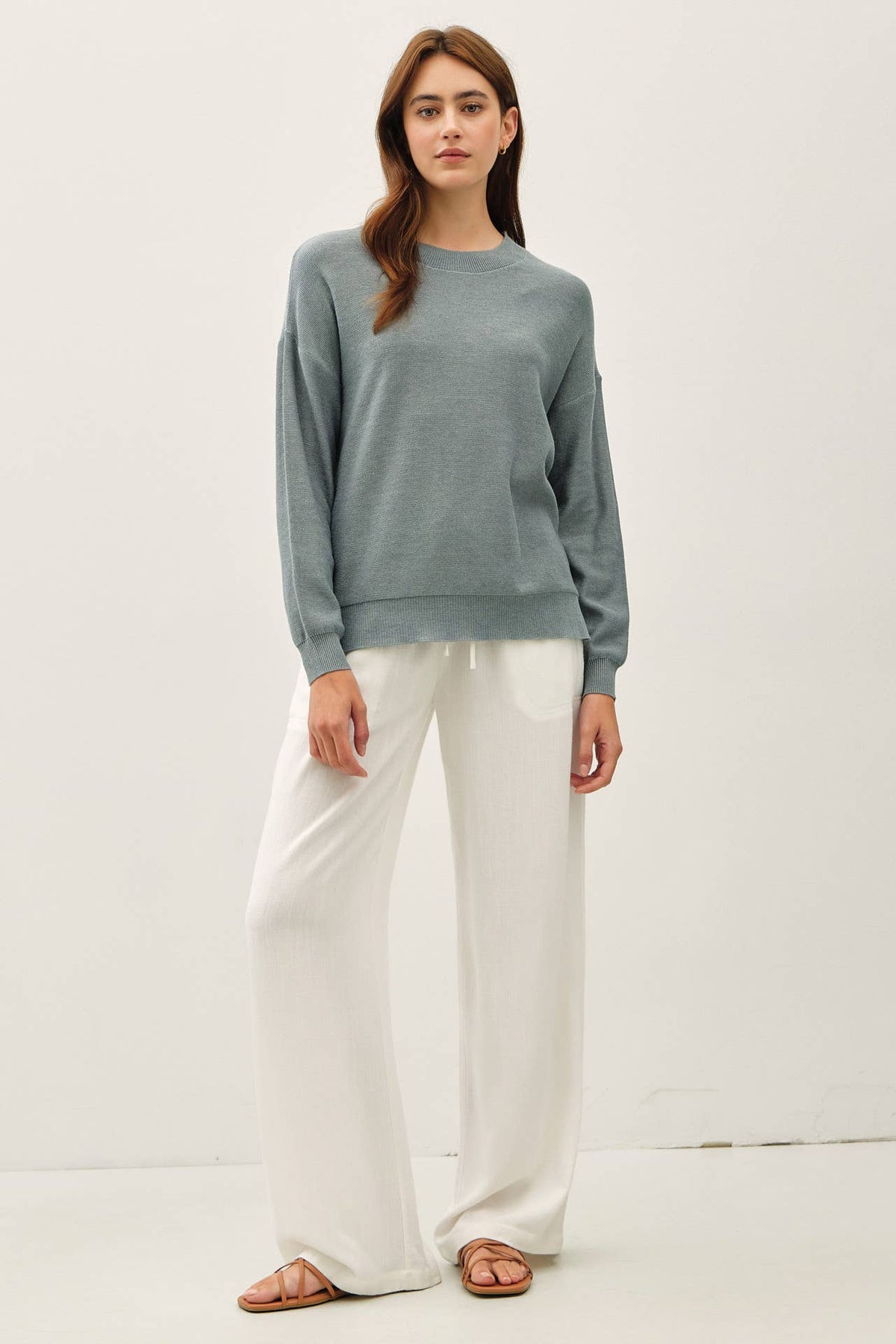 The Callie Lightweight Cotton Sweater – Oatmeal & Dusty Blue
