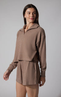 Lottie Rib Knit Half-Zip Pullover – Soft Mock Neck Lounge Top (TOP ONLY)