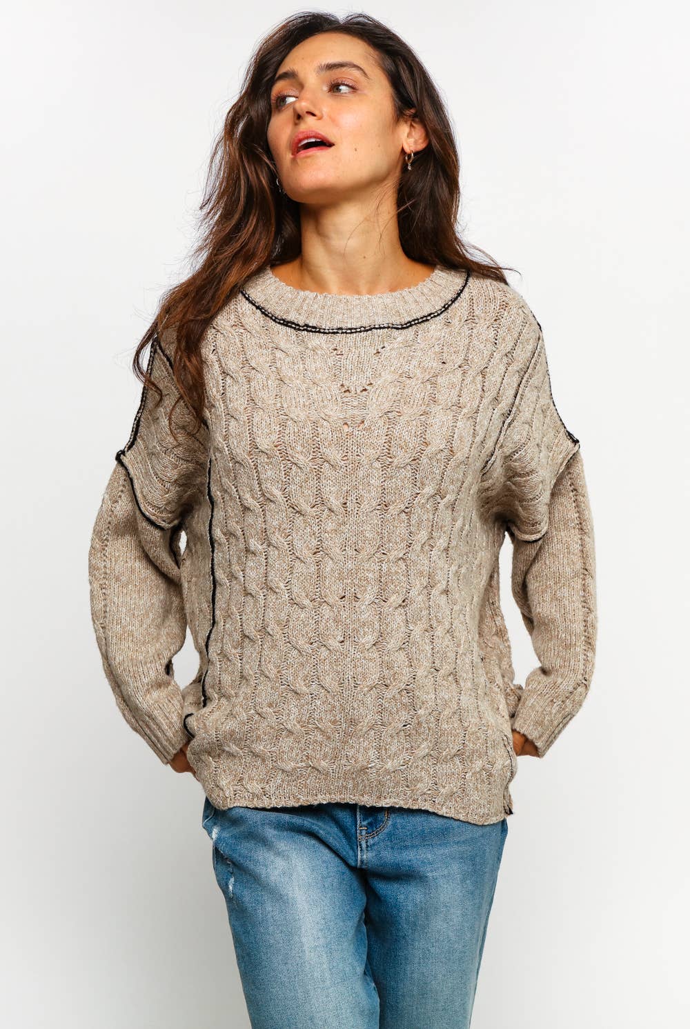 Lanie Color-Stitch Cable Knit Sweater – Oversized Round Neck Pullover | Northern Belle Boutique