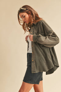 The Judie Mixed Media Vintage Wash Jacket : Charcoal – Relaxed Button Front Layering Shacket for Women