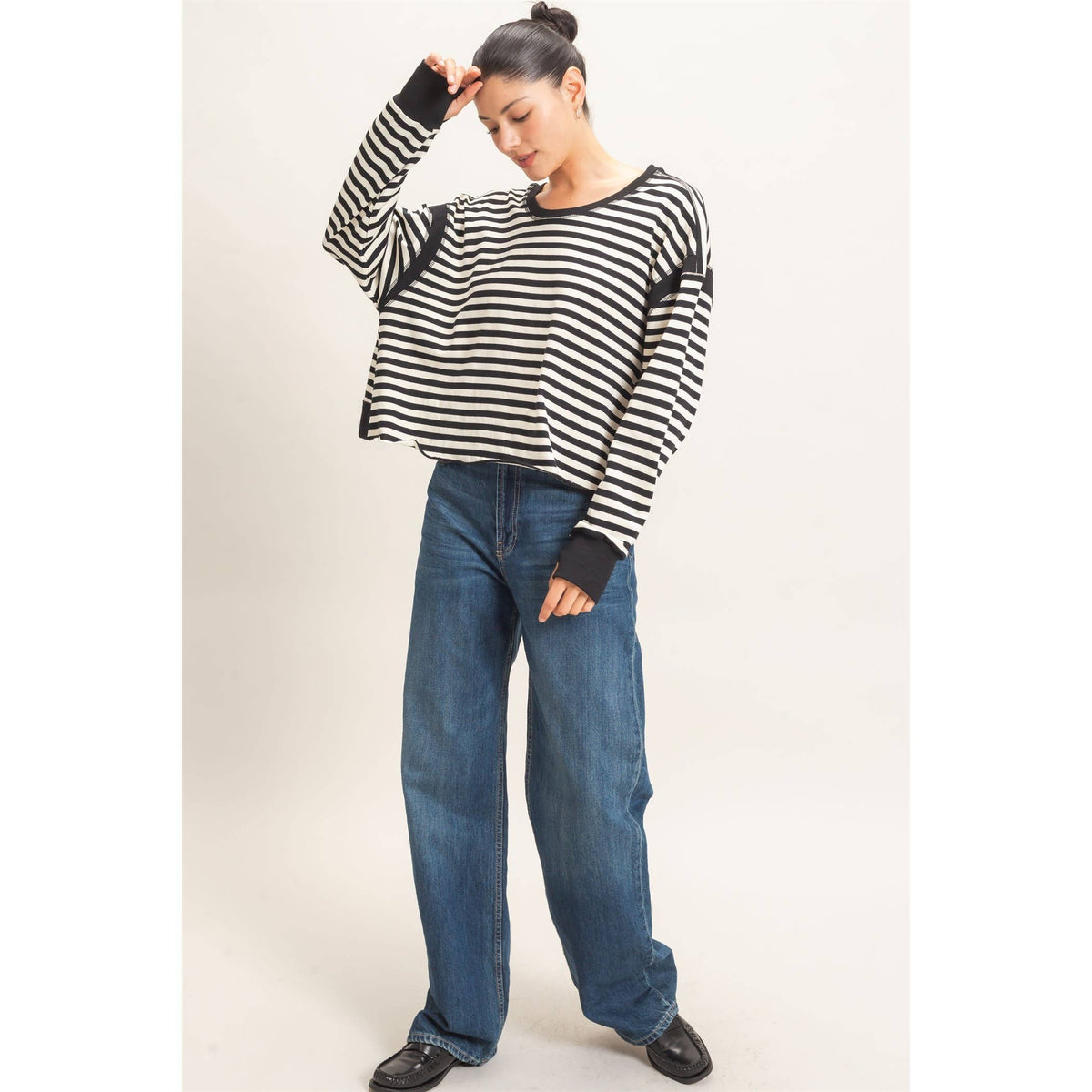 Striped Long Sleeve Top: MOCHA / S-M-L(2-2-2)