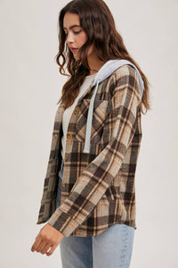 Rowan Hooded Plaid Flannel Shacket – Mocha & Taupe Button-Front Jacket