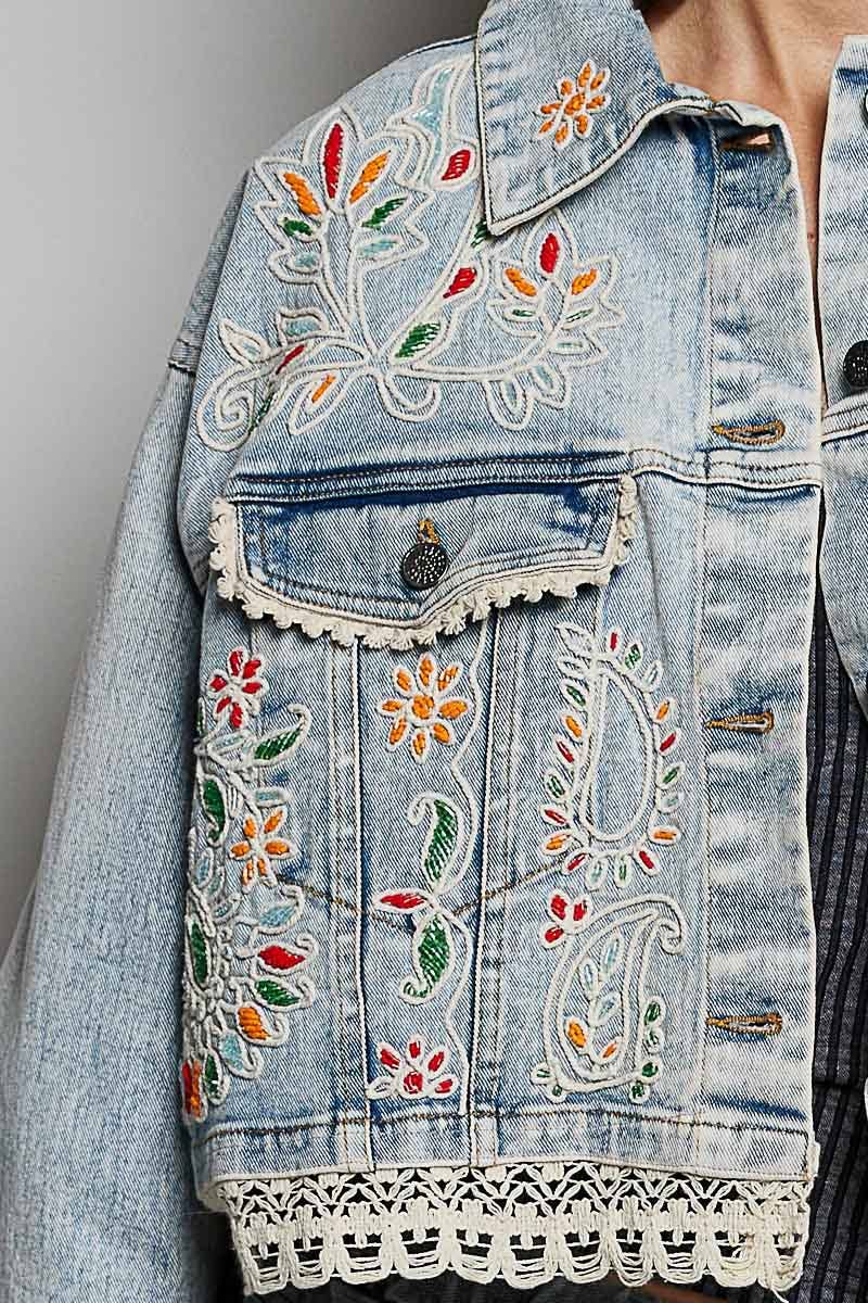 Magnolia Mae Embroidery Lace Trim Denim Jacket