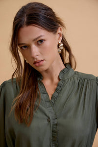 The Camille Ruffle Shirt Dress: Pine