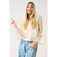 CROCHET LACE BOHO LONG SLEEVE HOODIE TOP: NATURAL / S-M-L(2-2-2)