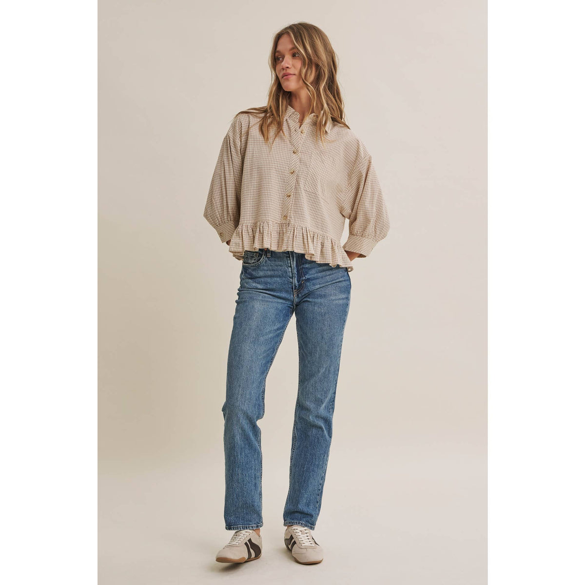 MORNING OAT MICRO CHECK RUFFLE HEM BUTTON-DOWN SHIRT: VANILLA / S
