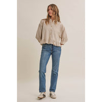 MORNING OAT MICRO CHECK RUFFLE HEM BUTTON-DOWN SHIRT: VANILLA / S