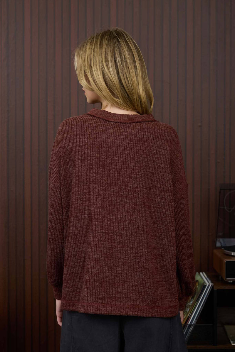 The Ember Ribbed Pocket Knit Top: Wine
