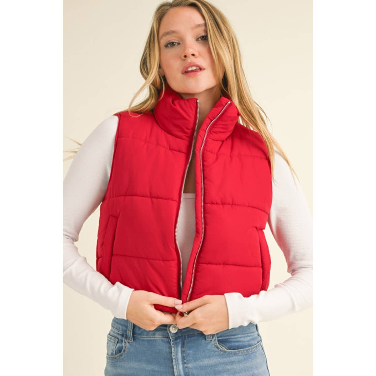 Tessa Puffer Cropped Vest: Deep Red