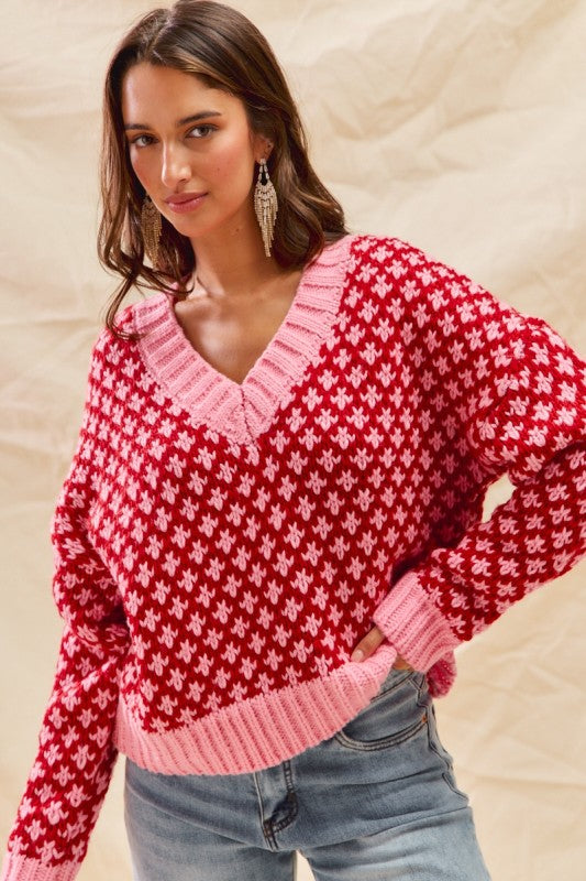 Poppy V-Neck Textured Holiday Sweater – Pink & Red Colorblock Knit Top