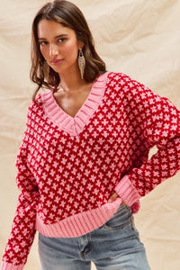 Poppy V-Neck Textured Holiday Sweater – Pink & Red Colorblock Knit Top