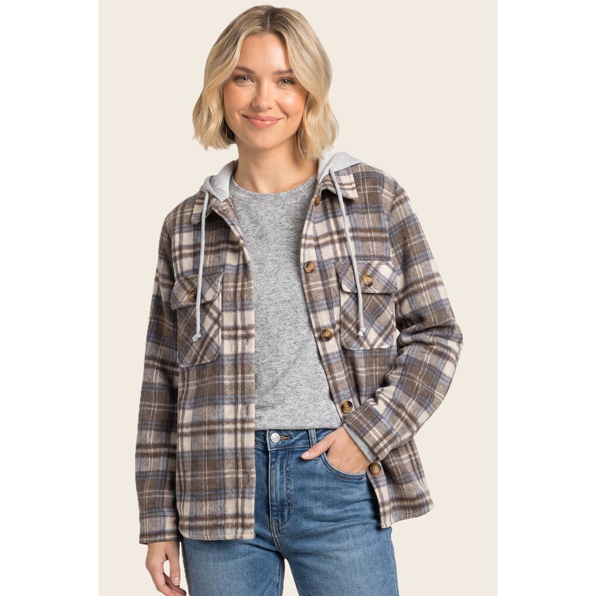 Layer Up Plaid Hooded Shacket: Brown/ Blue
