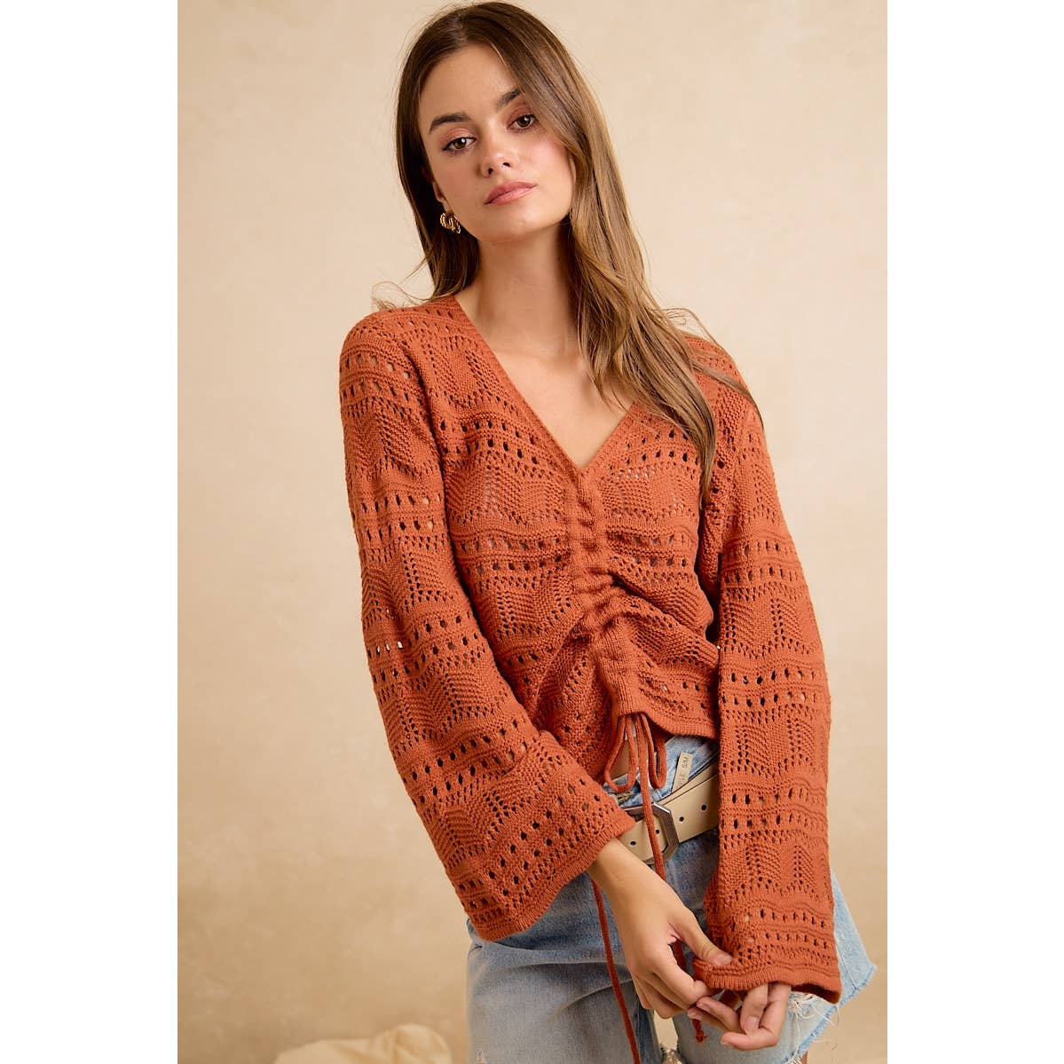 The Harvest Glow Ruched Knit Sweater: Terracotta