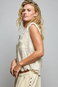 Willow Mae Boho Crochet Sleeveless Top with Embroidered Eyelet Hem: Natural
