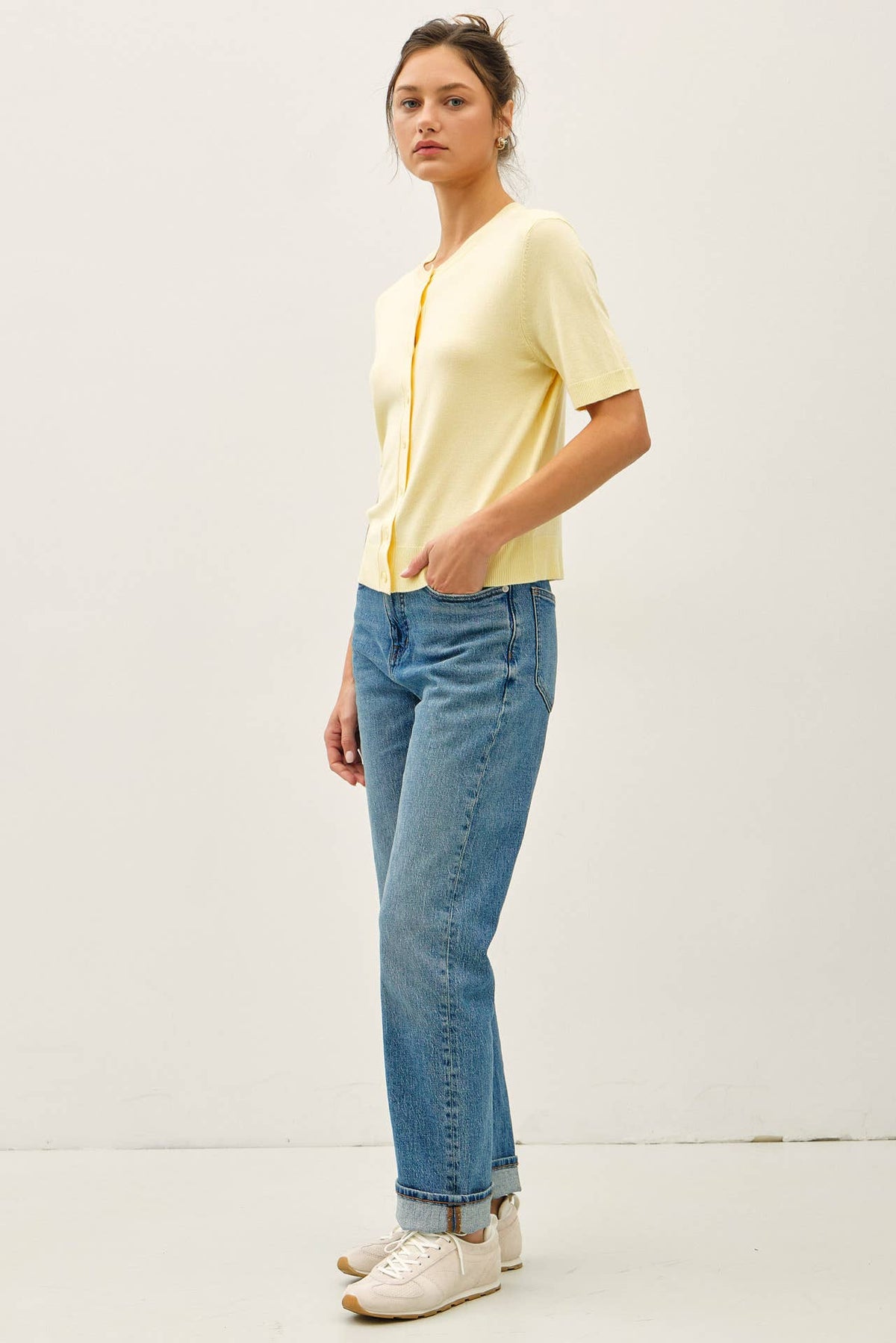 The Ellison Fine Gauge Knit Cardigan: Banana  – Soft Short Sleeve Button Front Sweater for Women