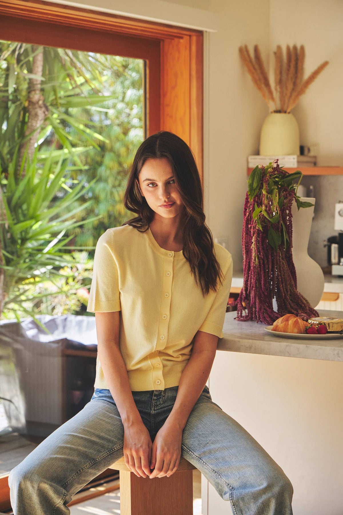 The Ellison Fine Gauge Knit Cardigan: Banana  – Soft Short Sleeve Button Front Sweater for Women