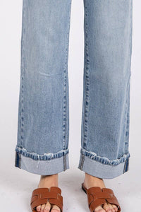 Sawyer Low Rise Baggy Straight Jeans – Light Wash Cuffed Denim with Soft Stretch