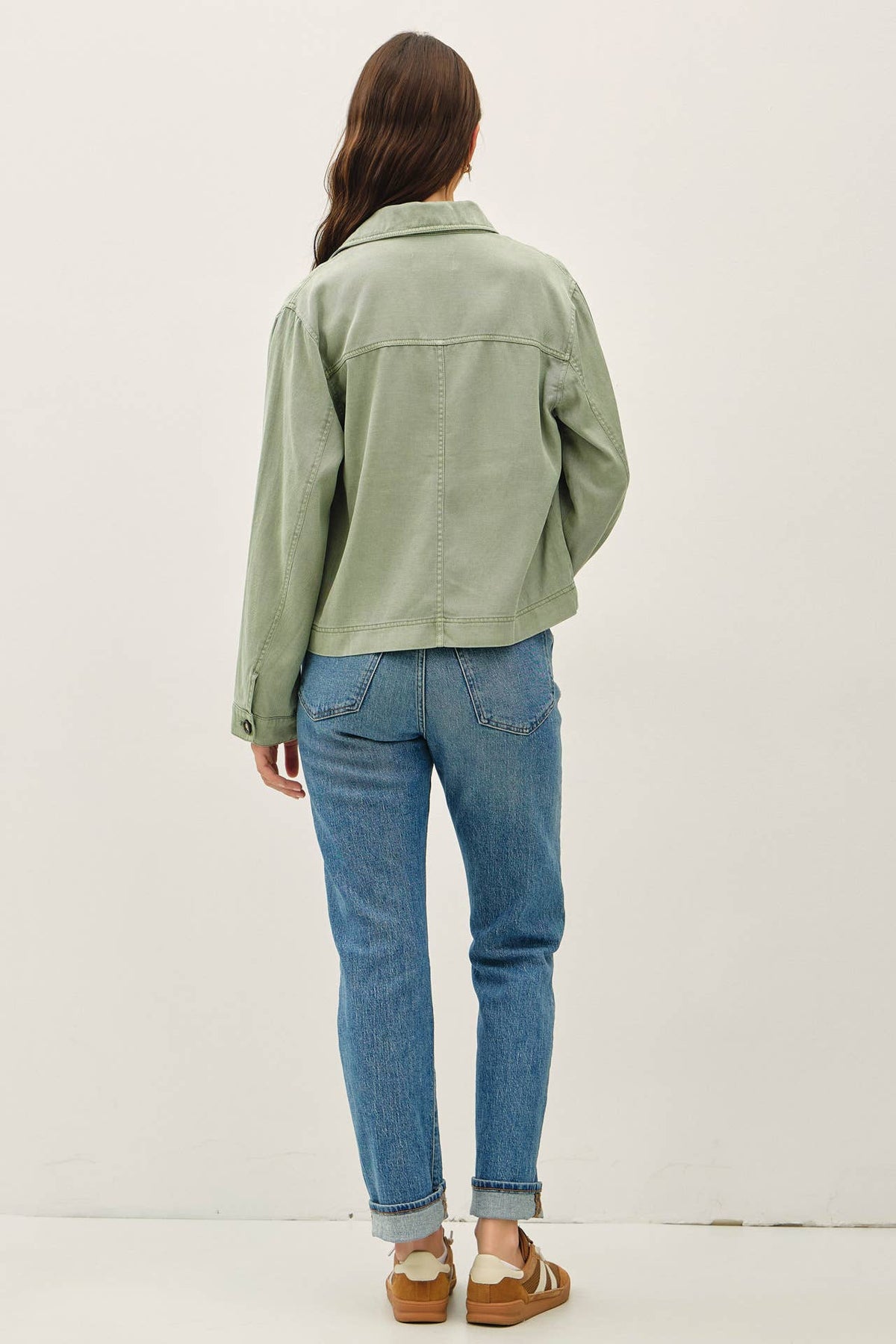 The Rowan Washed Twill Jacket: Sage – Tencel Linen Blend Boxy Utility Jacket