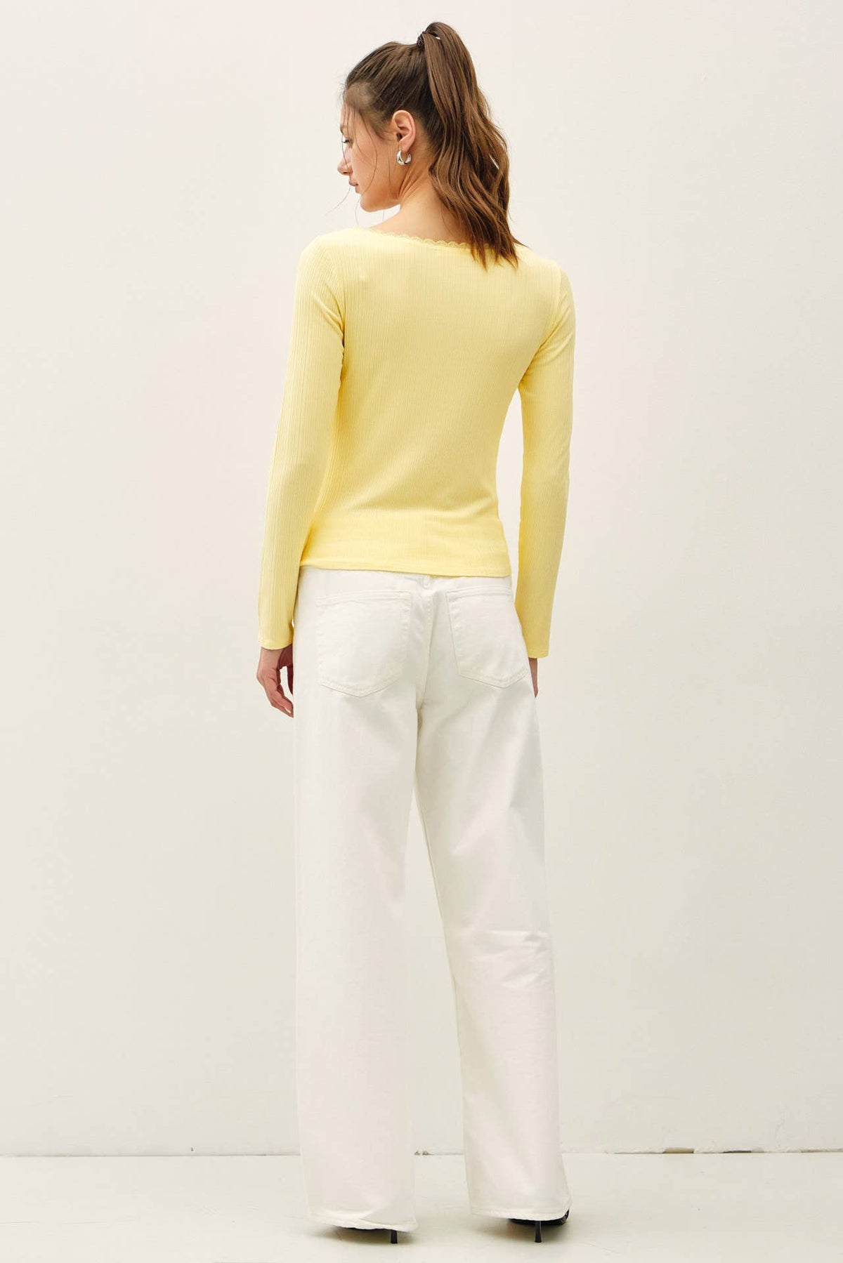The Lila Lace Trim Rib Top: Banana