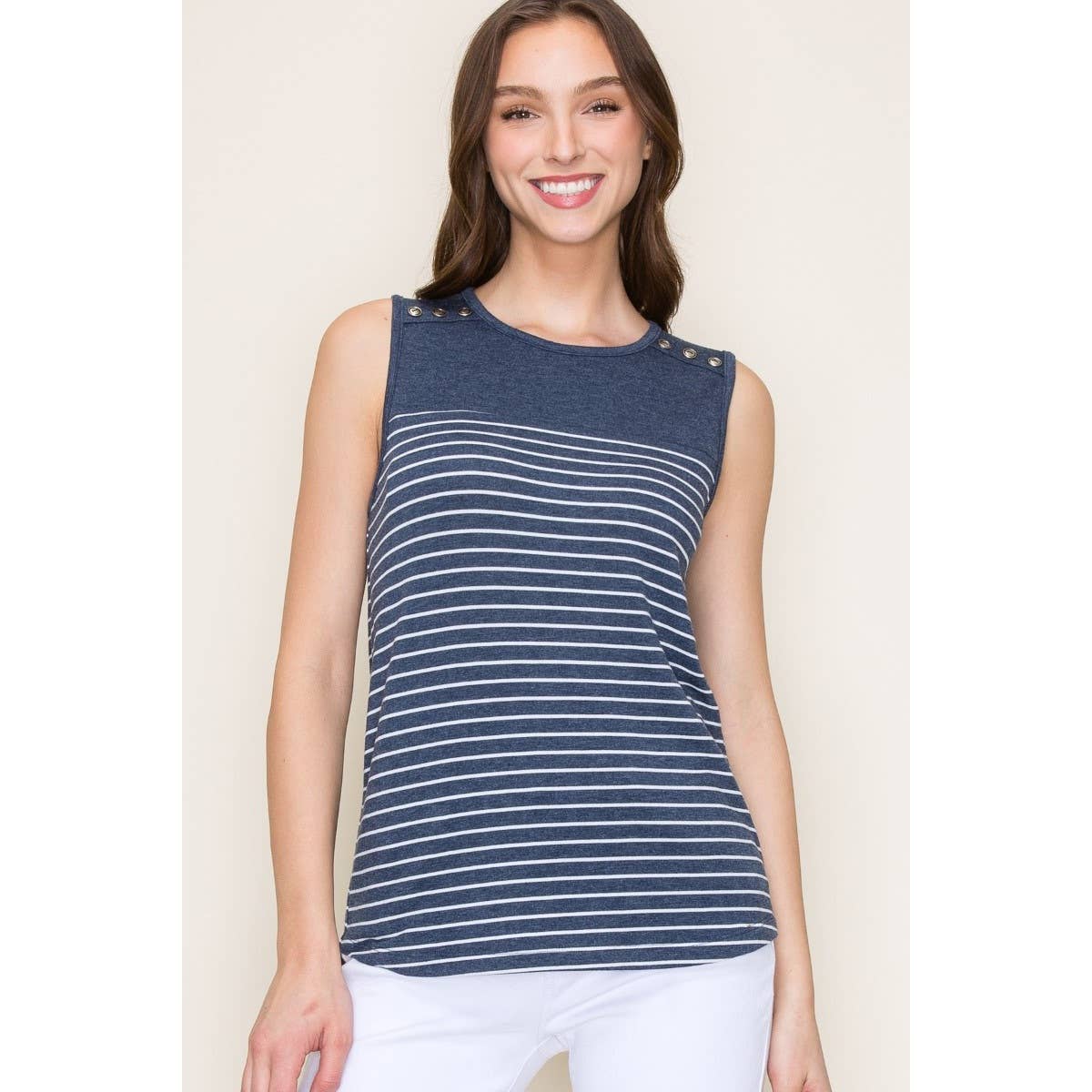 Harper Navy Striped Button Shoulder Tank | Casual Women's Sleeveless Top