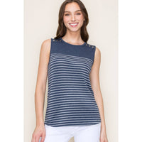 Harper Navy Striped Button Shoulder Tank | Casual Women's Sleeveless Top