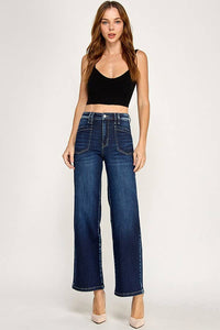 Petra "Sloane"  Patch Pocket Wide Leg High Rise Jeans: Dark Wash