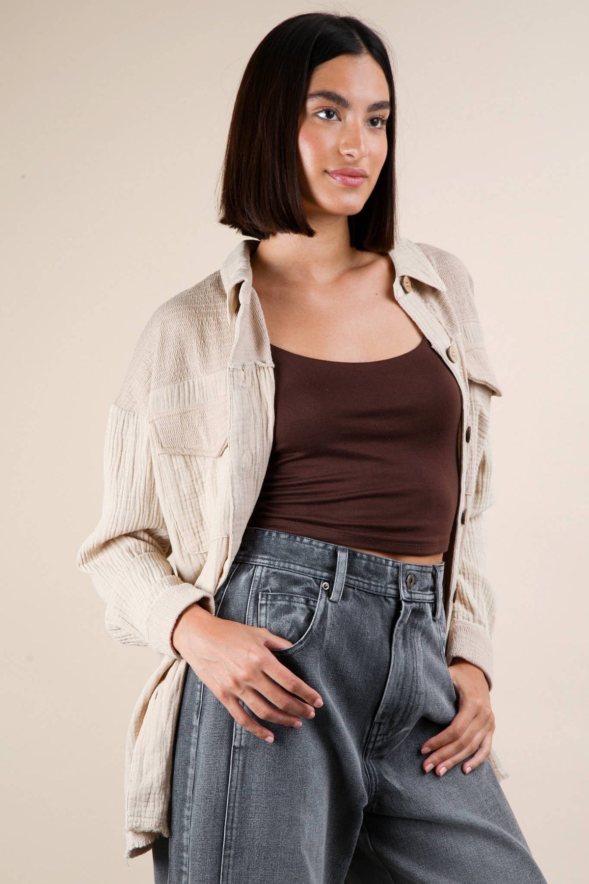 Harbor Breeze Mineral Washed Gauze Shacket – Mixed Fabric, Raw Edge Detai